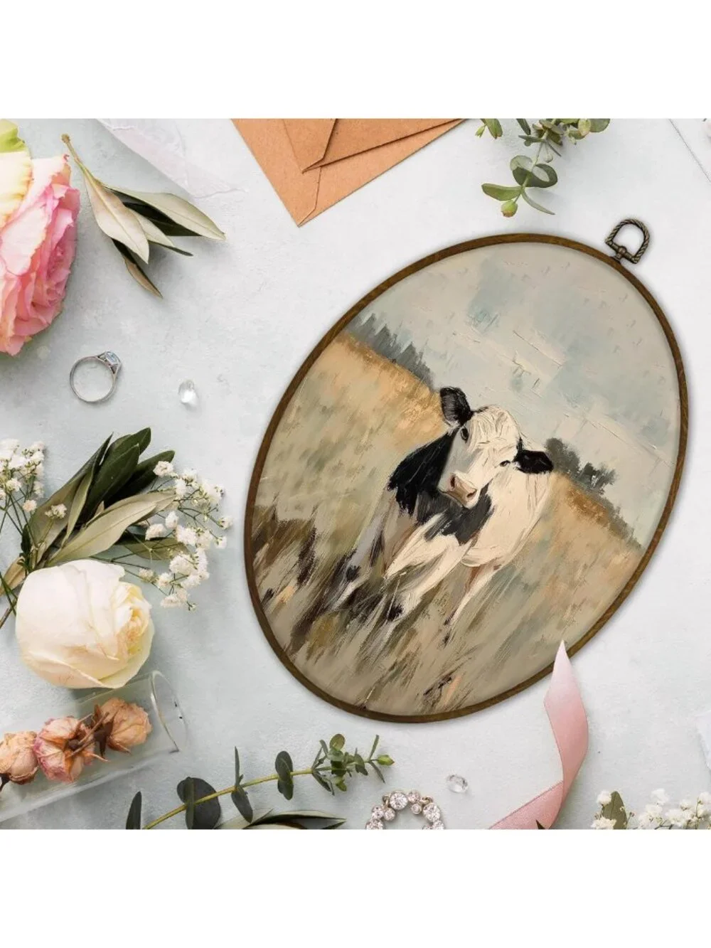 Rustic Farmhouse Cow Wall Art Decor | Vintage Animal Canvas Print | 8.7x11.3